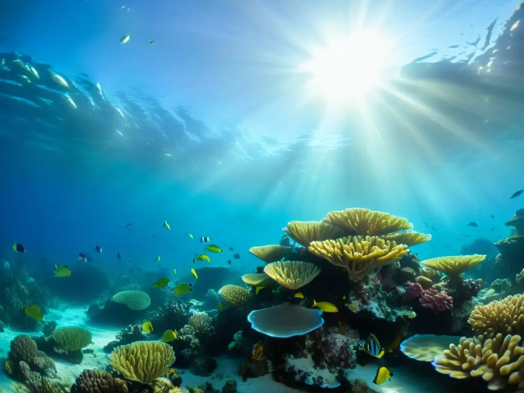 Arrecife de coral vibrante: vida marina en su esplendor Un vibrante arrecife de coral rebosante de vida marina y energía renovable, bañado por la luz del sol