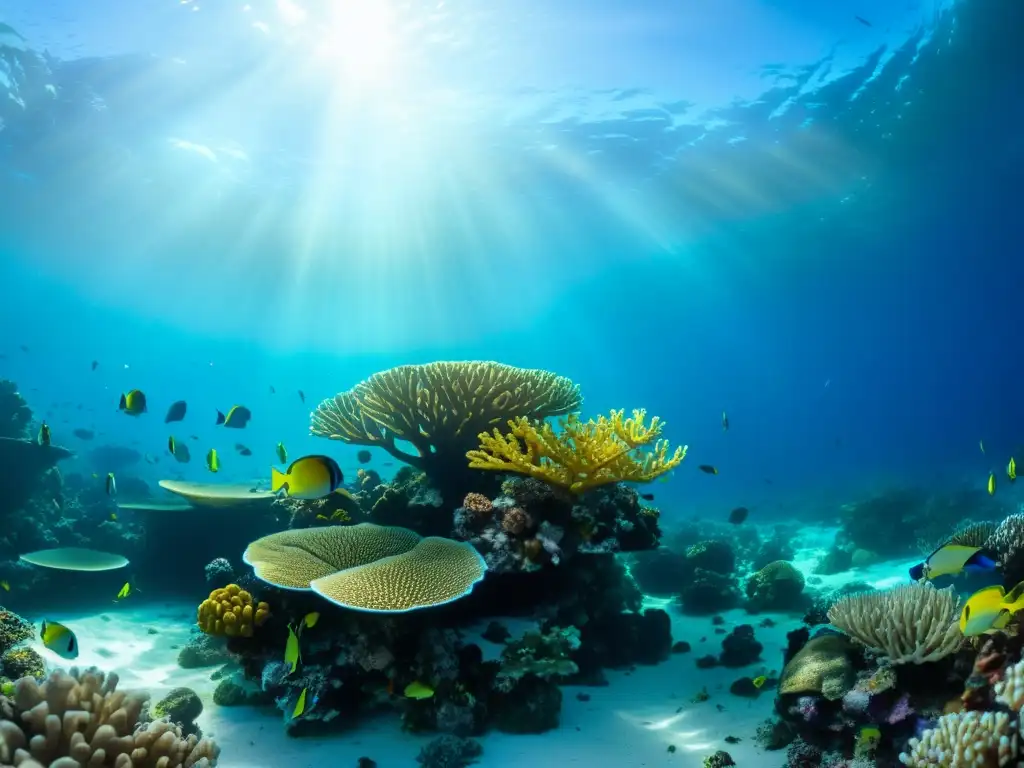 Un vibrante arrecife de coral rebosante de vida marina, con rayos de sol creando patrones hipnóticos en el fondo marino