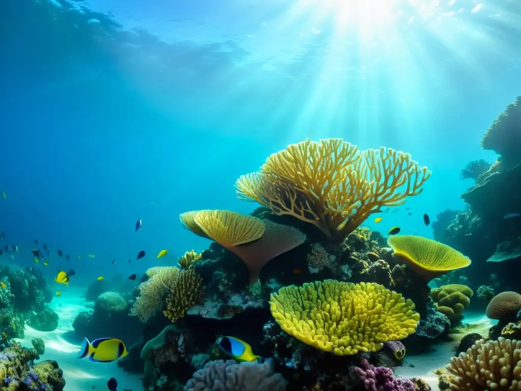 Un vibrante arrecife de coral rebosante de vida marina, con peces coloridos, plantas marinas ondeantes y formaciones de coral