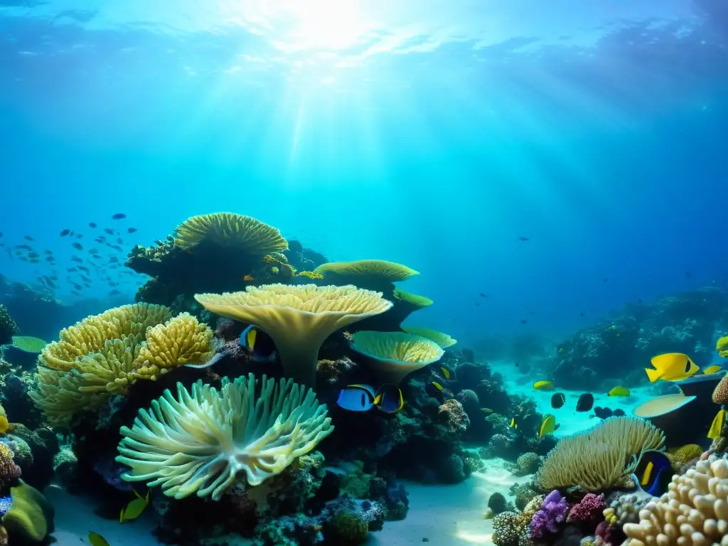 Un vibrante arrecife de coral rebosante de vida marina y simbiosis en mares tropicales