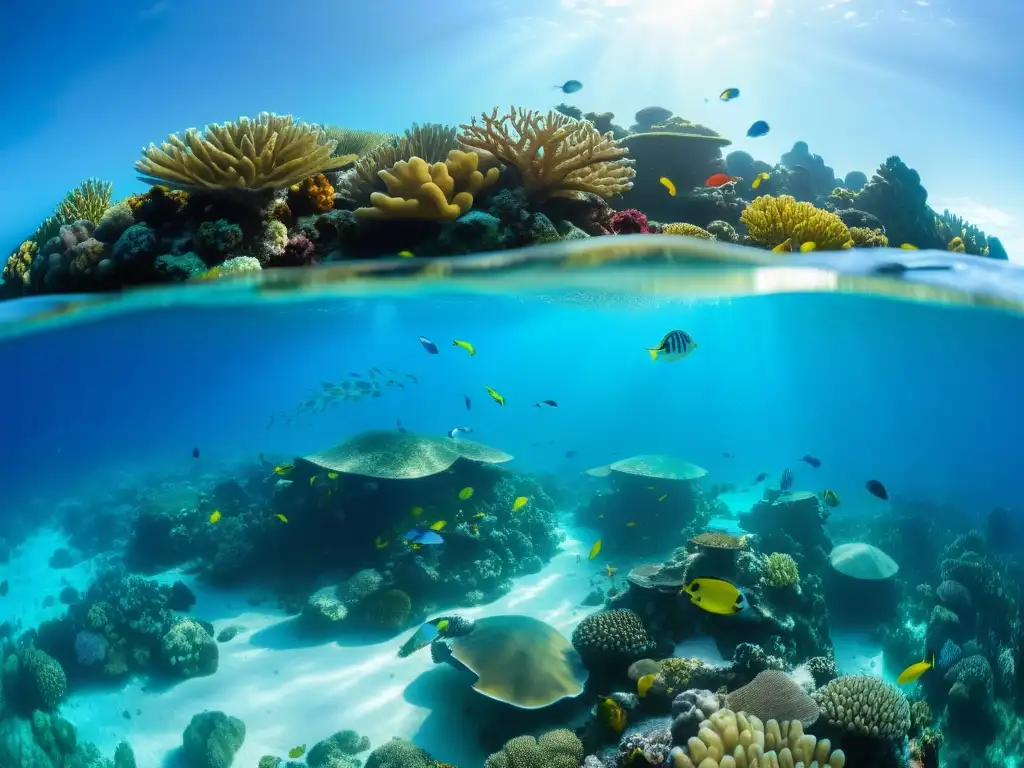 Un vibrante arrecife de coral rebosante de vida marina en aguas cristalinas