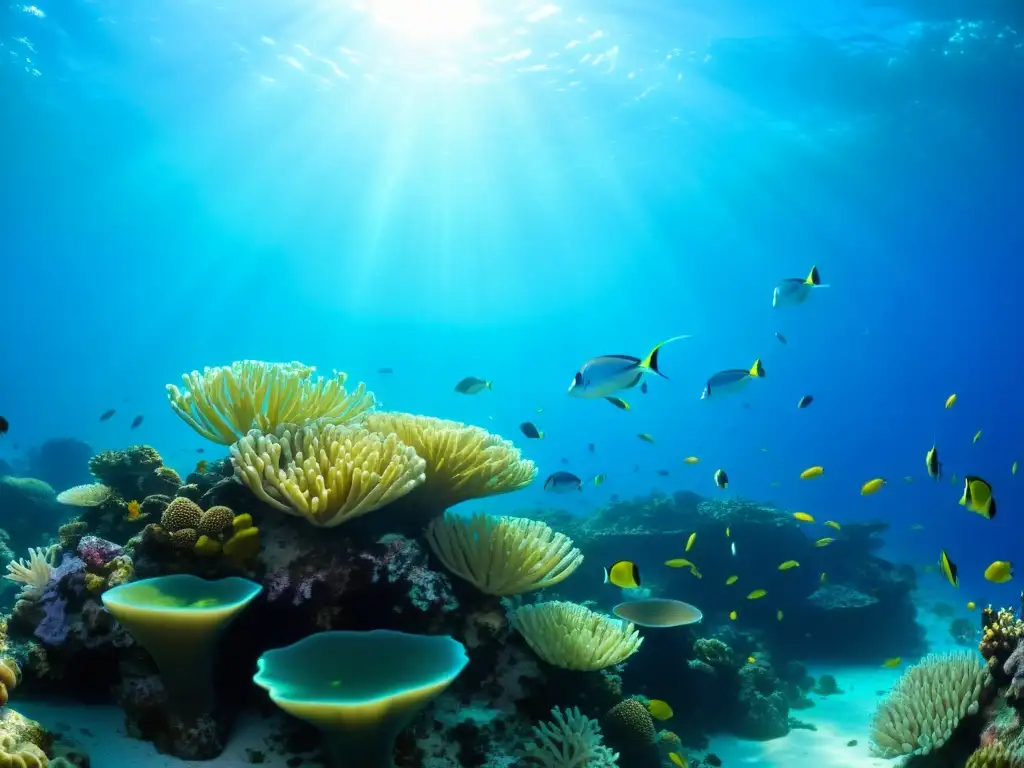 Un vibrante arrecife de coral rebosante de vida marina, con peces coloridos, anémonas ondeantes y formaciones de coral