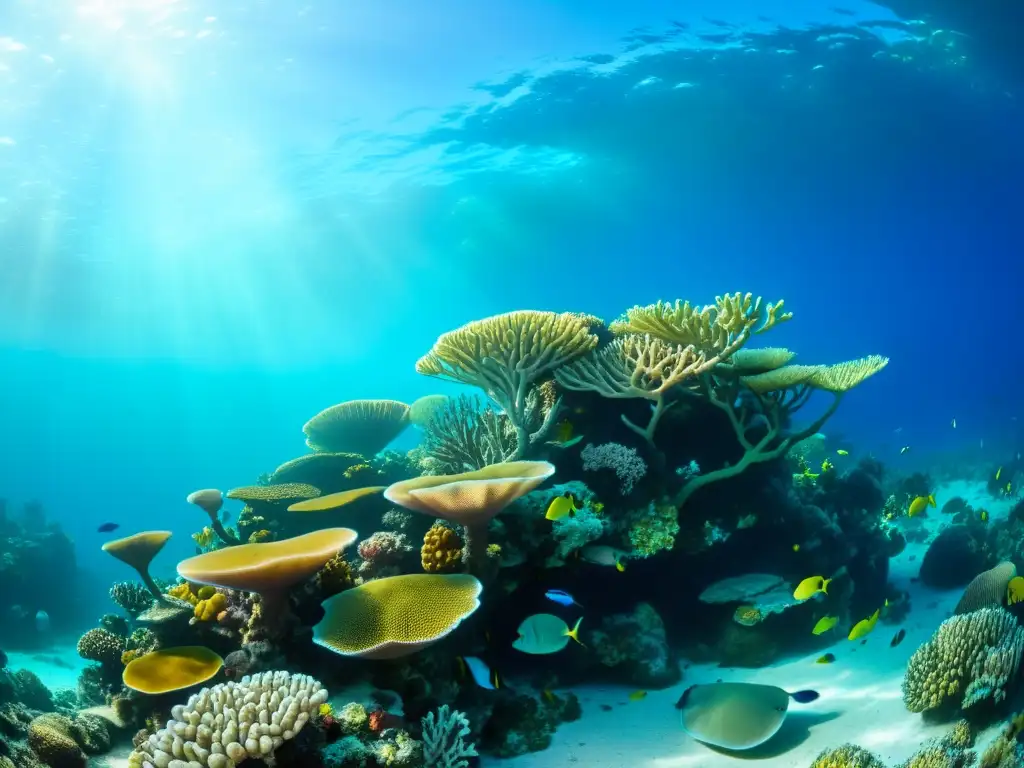 Un vibrante arrecife de coral rebosante de vida marina, con coloridas formaciones de coral y una variedad de criaturas marinas