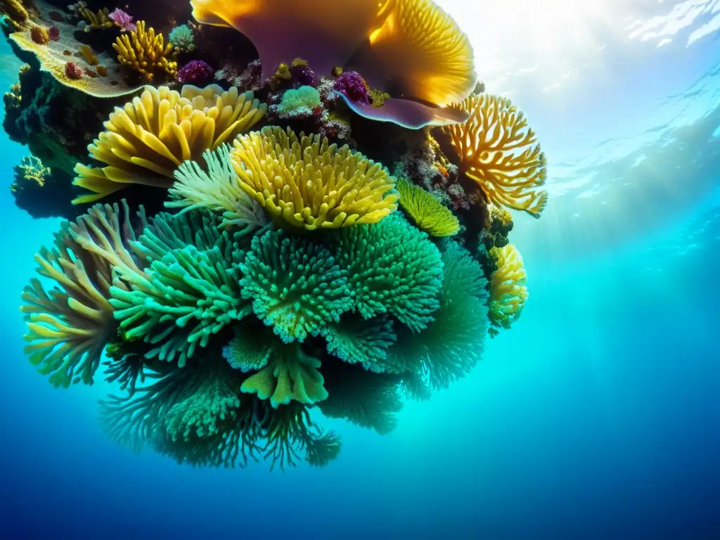 Un vibrante arrecife de coral rebosante de vida marina, con una gama de colores hipnótica