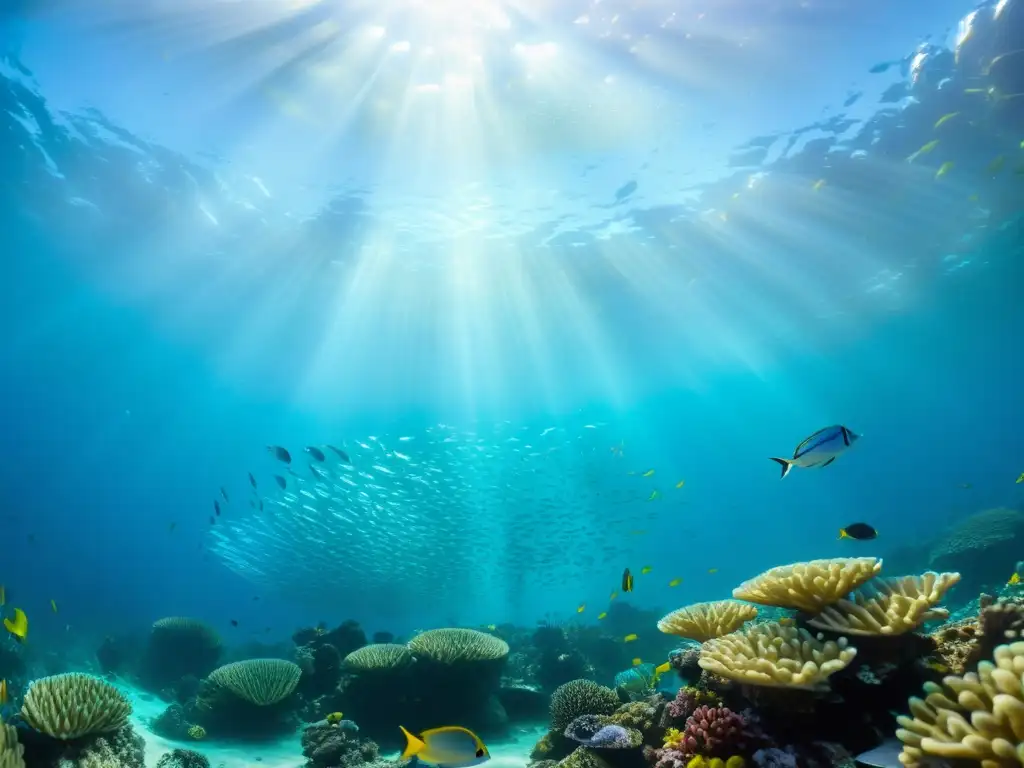 Un vibrante arrecife de coral rebosante de vida marina en las islas santuario, destacando la conservación de aves marinas