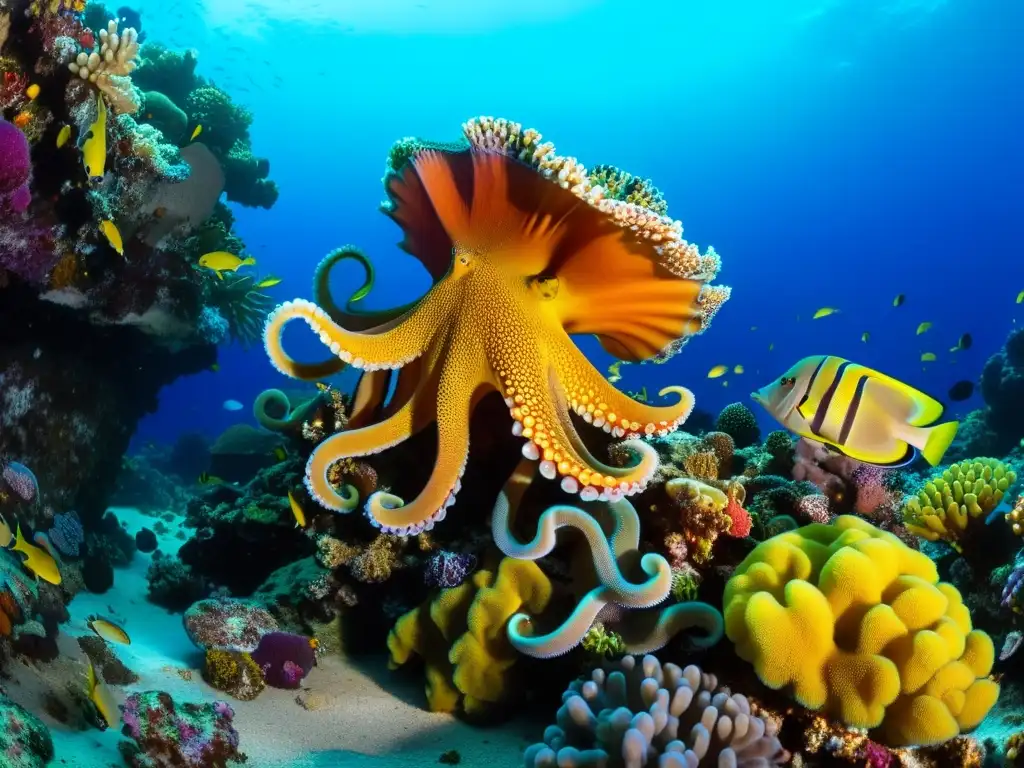 Un vibrante arrecife de coral rebosante de vida marina, destacando la simbiosis en cefalópodos marinos en una escena submarina impresionante