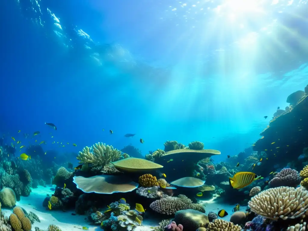 Un vibrante arrecife de coral rebosante de vida marina bajo el agua azul