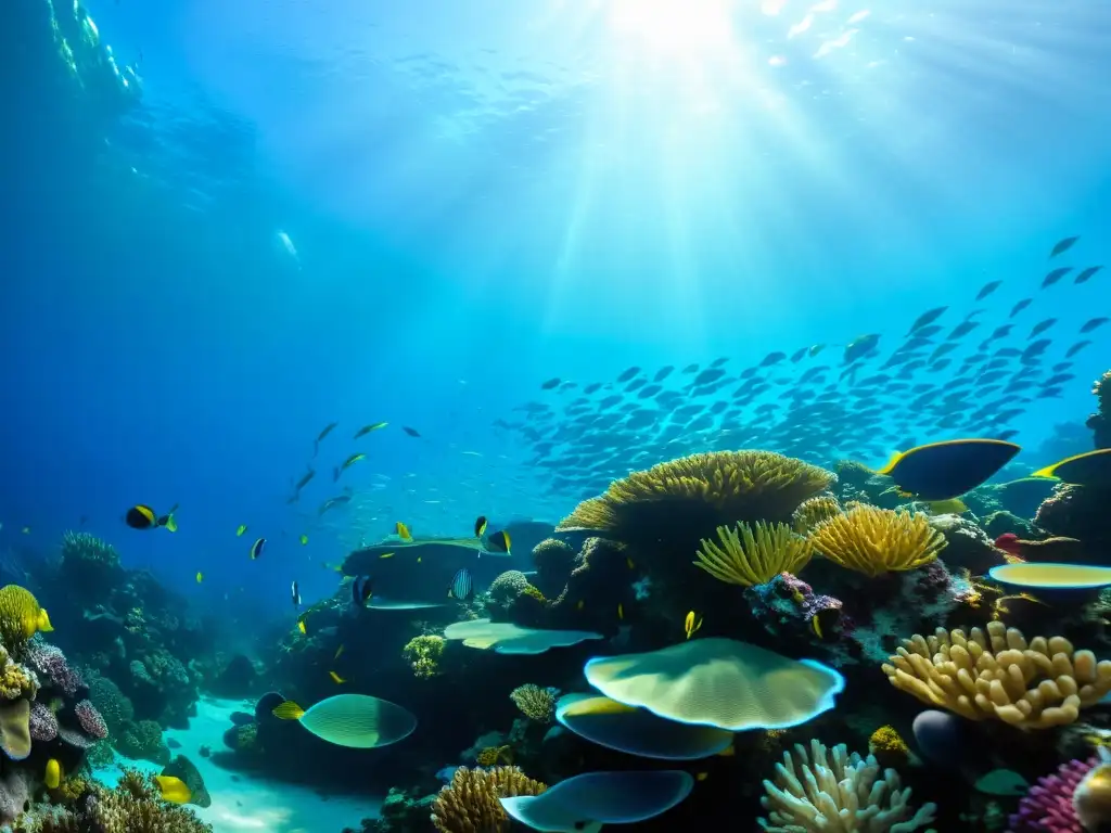 Un vibrante arrecife de coral rebosante de vida marina, con peces coloridos, plantas marinas ondeantes y formaciones de coral