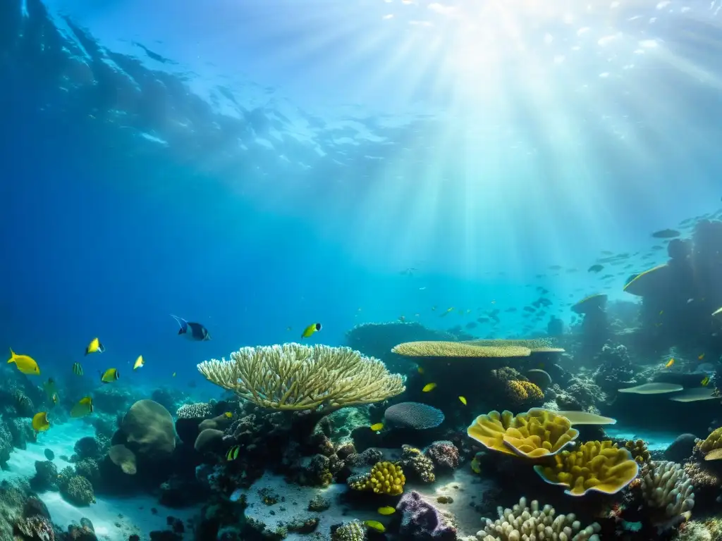 Un vibrante arrecife de coral rebosante de vida marina, con peces coloridos y formaciones de coral, bajo la impactante luz del sol