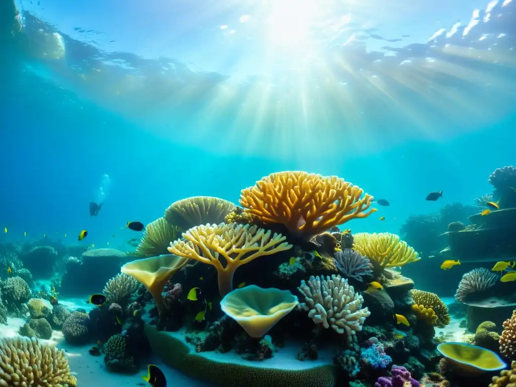 Un vibrante arrecife de coral rebosante de vida marina, con una diversidad de especies coloridas y agua cristalina