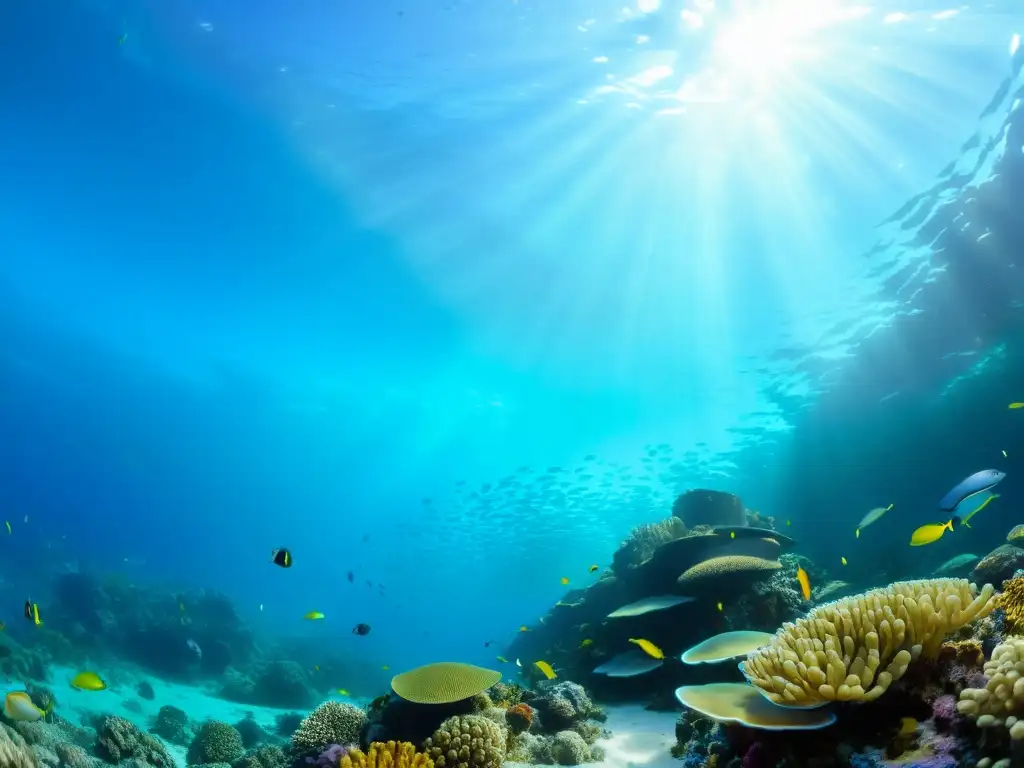 Un vibrante arrecife de coral rebosante de vida marina, con peces coloridos, tortugas marinas y anémonas delicadas