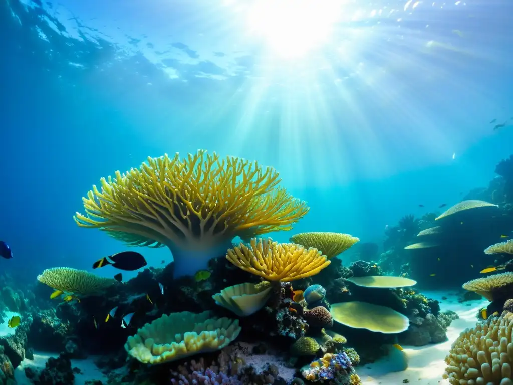 Un vibrante arrecife de coral rebosante de vida marina, con peces coloridos, tortugas marinas y anémonas