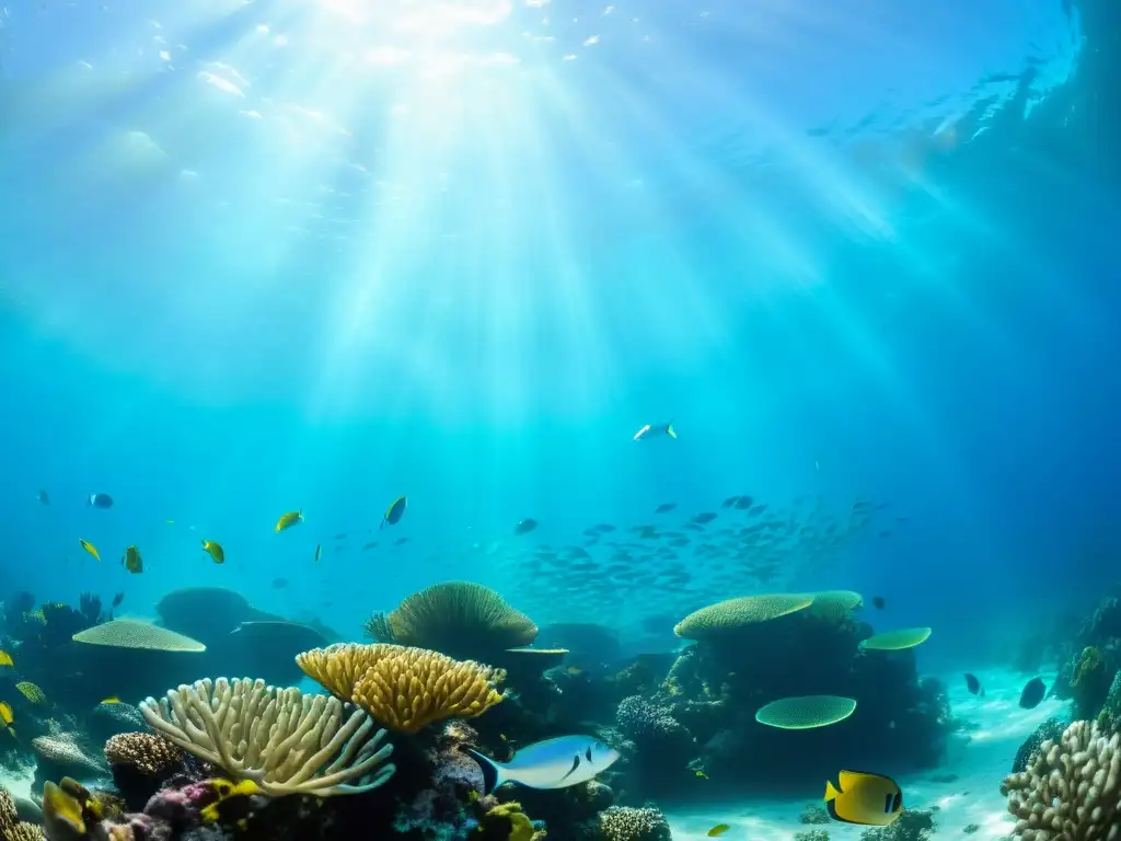 Un vibrante arrecife de coral rebosante de vida marina, con peces de colores, plantas marinas y rayos de sol filtrándose a través del agua turquesa