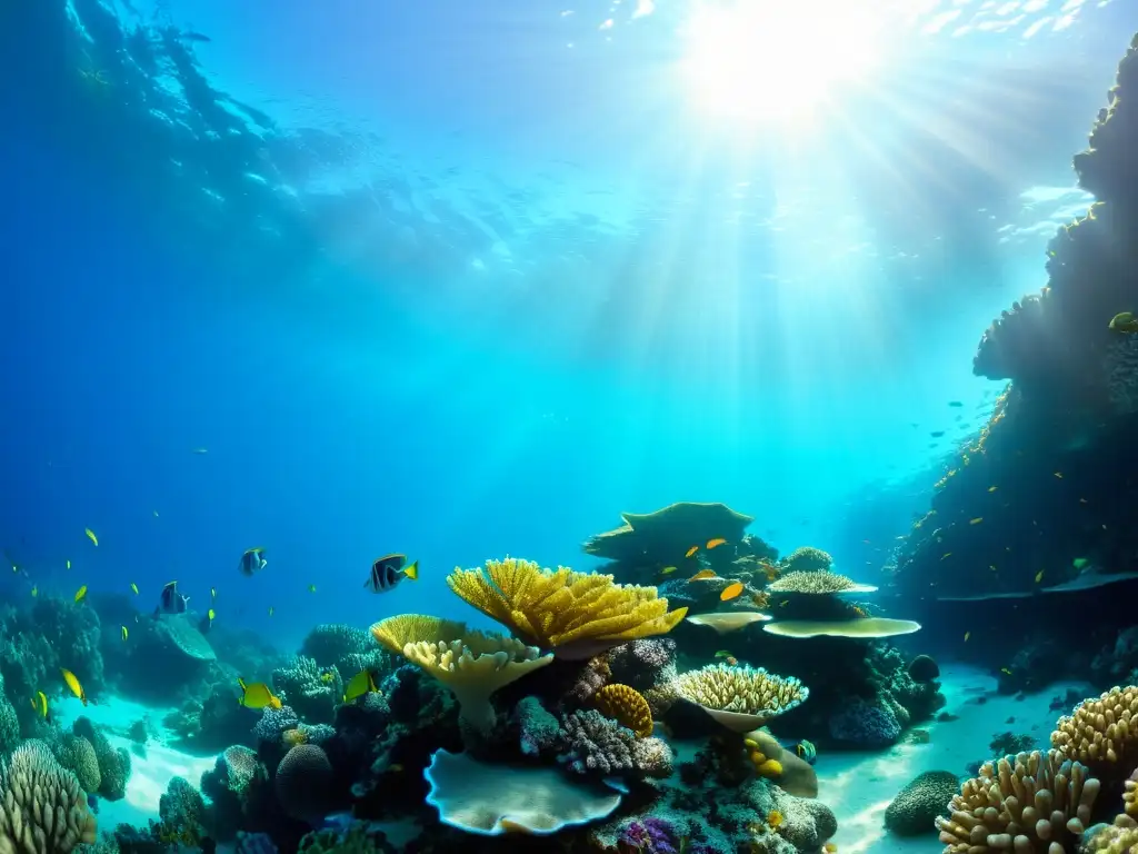Un vibrante arrecife de coral rebosante de vida marina y biodiversidad, iluminado por el sol
