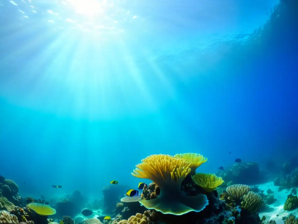 Un vibrante arrecife de coral rebosante de vida marina, con peces coloridos, anémonas y caballitos de mar