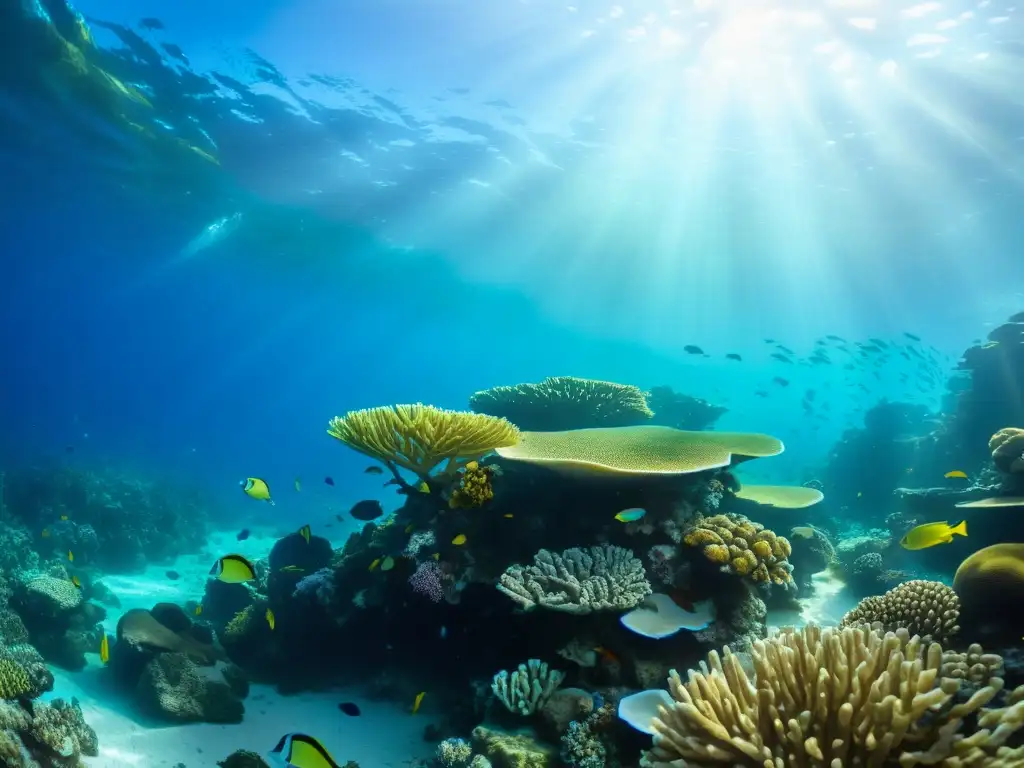 Arrecife de coral vibrante: belleza submarina Un vibrante arrecife de coral rebosante de vida marina en un entorno submarino cristalino