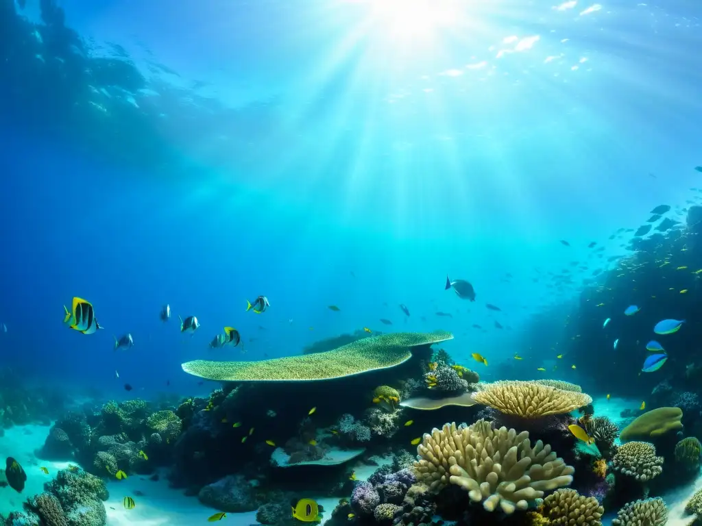 Un vibrante arrecife de coral rebosante de vida marina, bañado por la luz solar en el límite de conservación marina