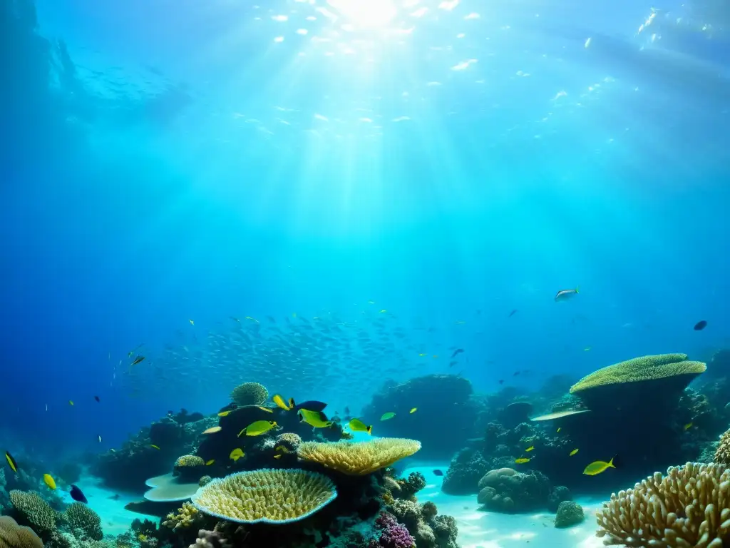 Un vibrante arrecife de coral rebosante de vida marina, con aguas cristalinas y rayos de sol