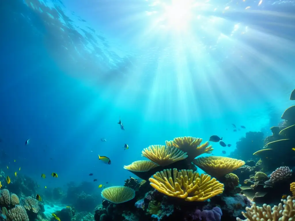 Un vibrante arrecife de coral rebosante de vida marina, con peces de colores entre corales