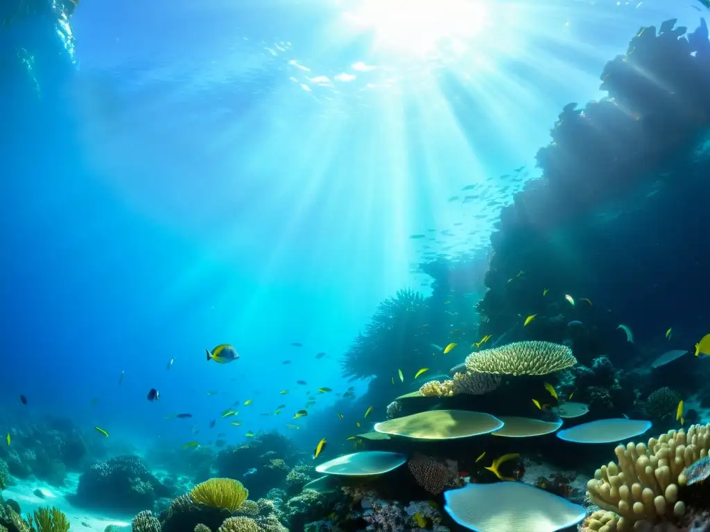 Un vibrante arrecife de coral rebosante de vida marina, con juegos de luz y sombra bajo el agua cristalina