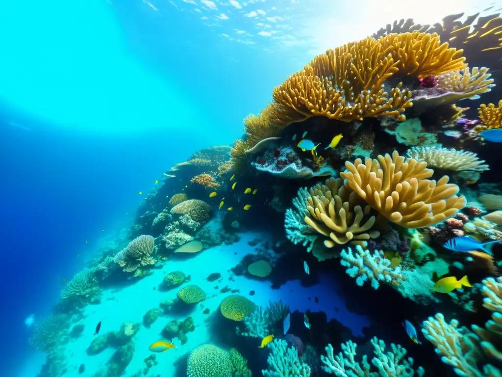 Un vibrante arrecife de coral rebosante de vida marina, aguas azules y peces coloridos entre corales