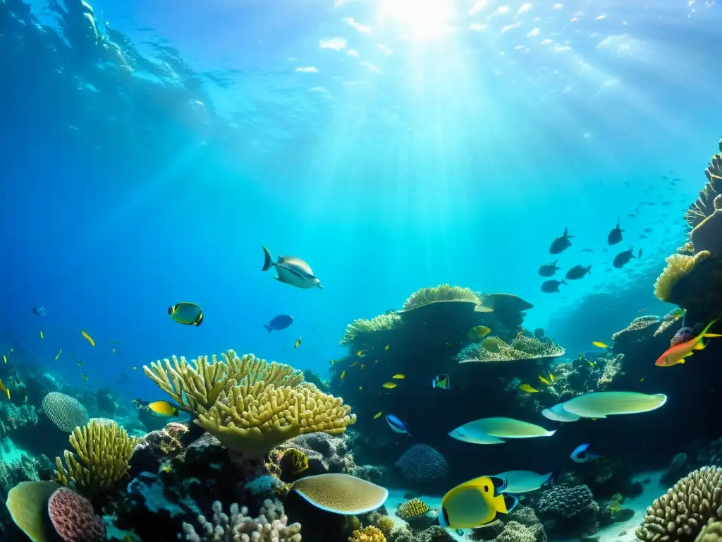 Un vibrante arrecife de coral rebosante de vida marina, con peces coloridos entre formaciones de coral y tortugas marinas nadando graciosamente