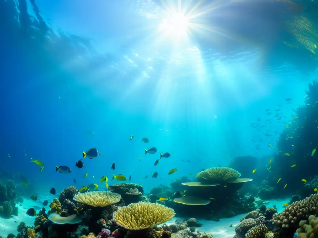 Un vibrante arrecife de coral rebosante de vida marina colorida bajo el agua, iluminado por el sol