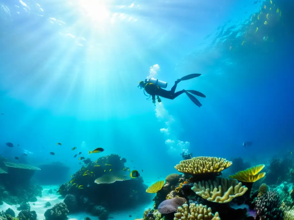 Un vibrante arrecife de coral rebosante de vida marina, con peces coloridos nadando entre las formaciones de coral