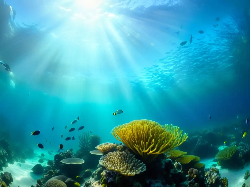 Un vibrante arrecife de coral rebosante de vida marina, con peces coloridos, anémonas y abanicos marinos