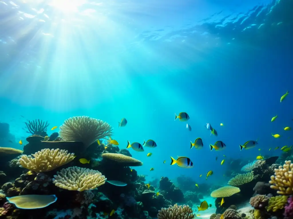 Un vibrante arrecife de coral rebosante de vida marina, con peces coloridos y una atmósfera de biodiversidad marina