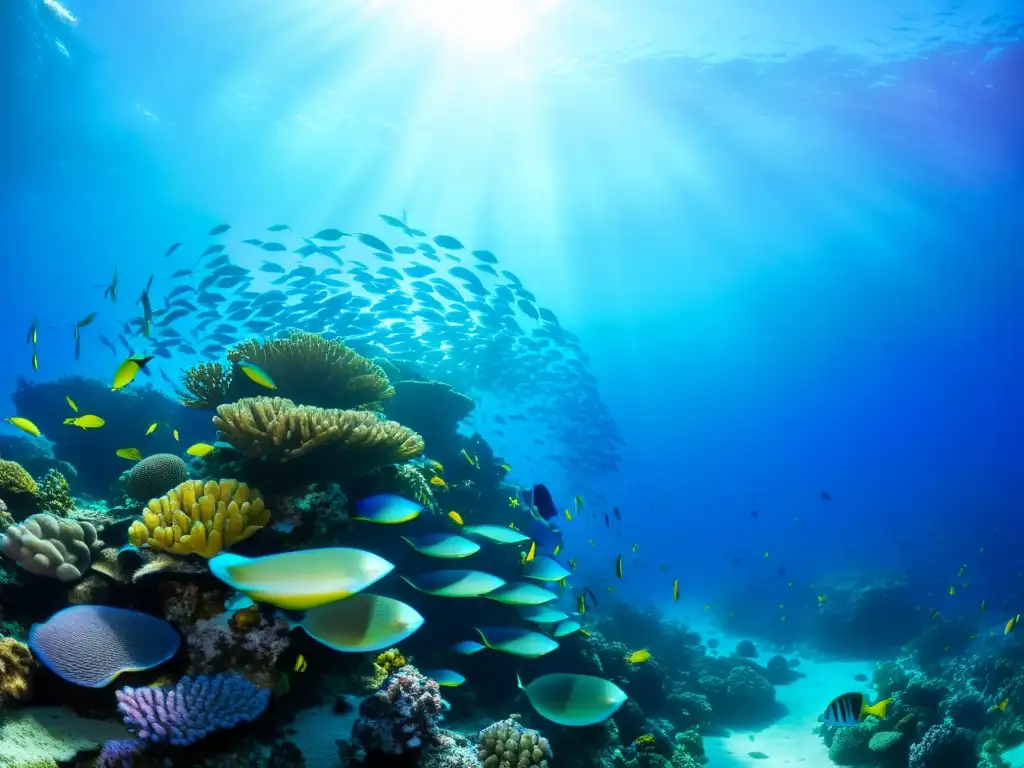 Un vibrante arrecife de coral rebosante de vida marina: peces coloridos entre formaciones de coral, rayos de sol crean patrones en el suelo marino