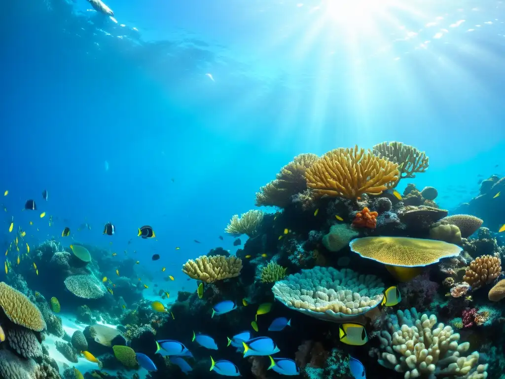 Un vibrante arrecife de coral rebosante de vida marina, con efectos de mareas negras