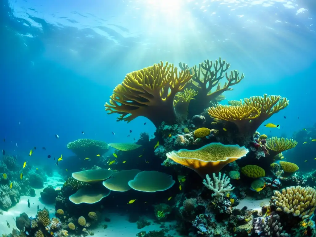 Un vibrante arrecife de coral rebosante de vida marina, bajo el agua con rayos de luz