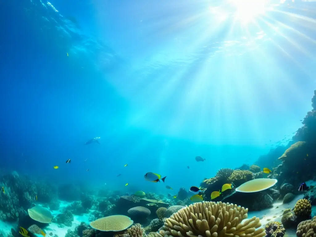 Un vibrante arrecife de coral rebosante de vida marina, con impactantes patrones de luz