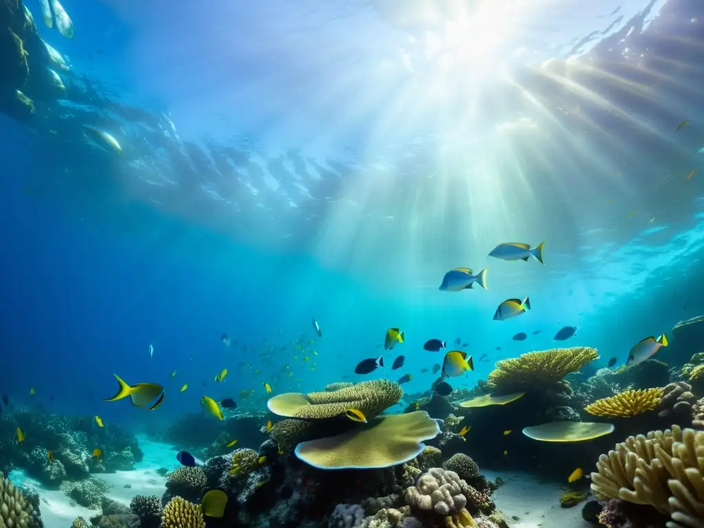 Un vibrante arrecife de coral rebosante de vida marina, con un banco de peces coloridos nadando en armonía bajo la luz del sol filtrada