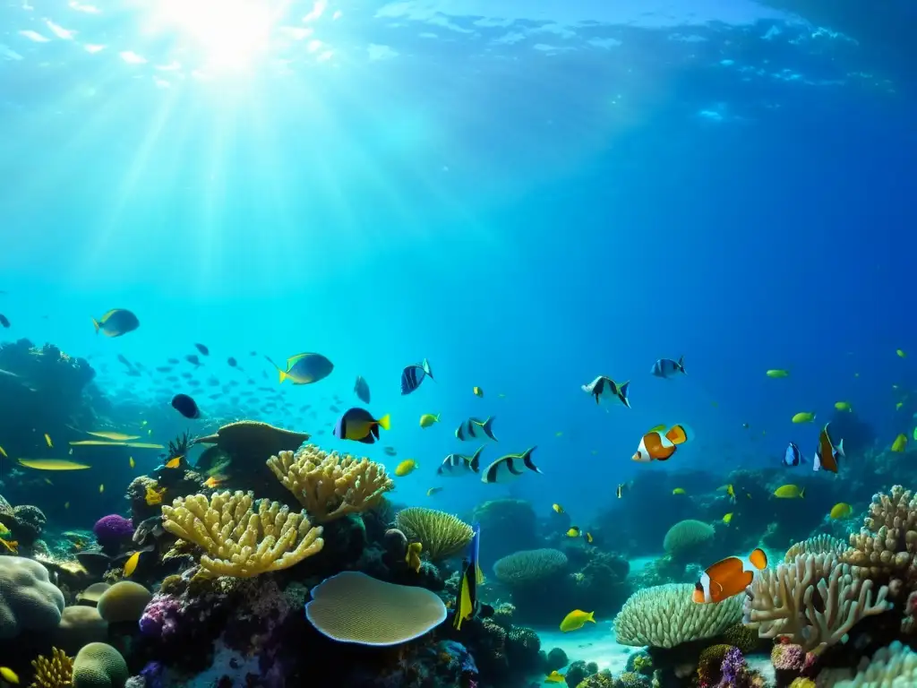 Un vibrante arrecife de coral rebosante de vida marina, iluminado por el sol