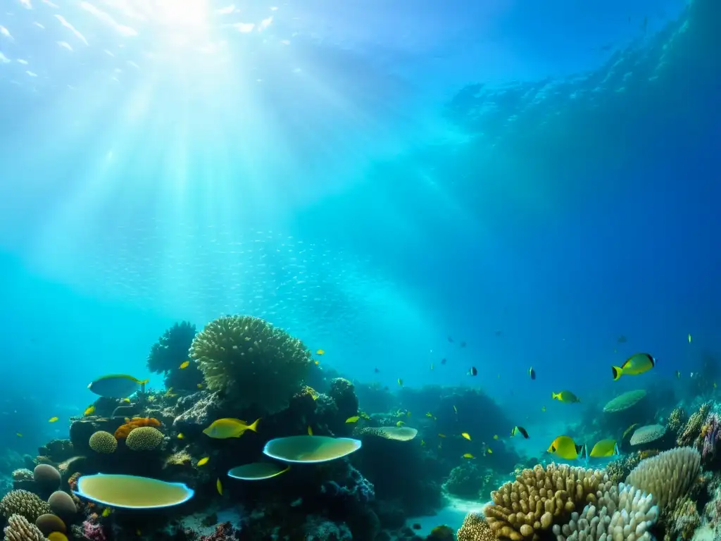 Un vibrante arrecife de coral rebosante de vida marina, con colores ricos y variados