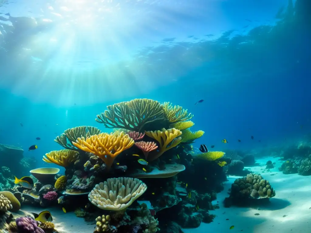 Un vibrante arrecife de coral rebosante de vida marina, evocando la diversidad marina y sostenibilidad