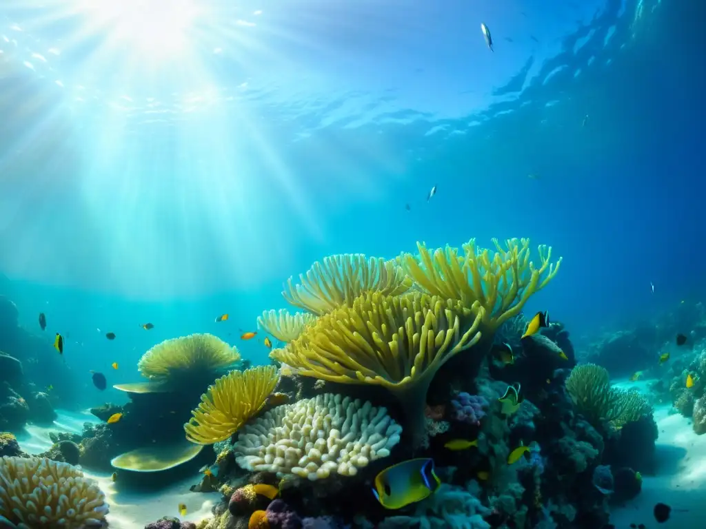 Un vibrante arrecife de coral rebosante de vida marina, con peces tropicales, anémonas y plantas marinas, crea un espectáculo visual bajo el agua