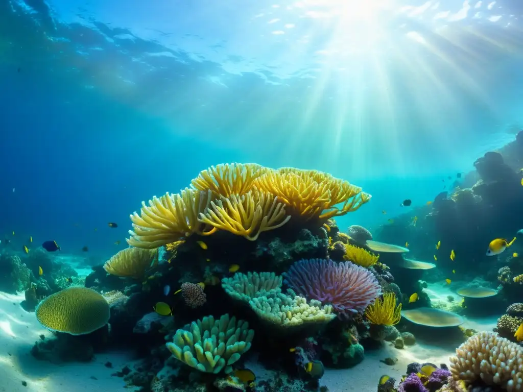 Un vibrante arrecife de coral rebosante de vida marina en un entorno submarino cristalino