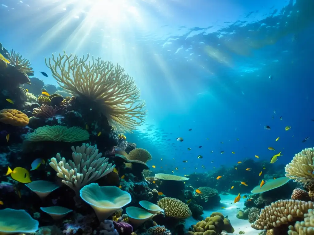 Vibrante arrecife de coral muestra la relación entre cambio climático y enfermedades marinas en un ecosistema marino lleno de vida y color