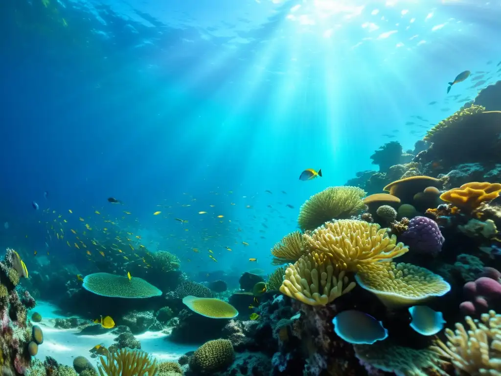 Un vibrante arrecife de coral en alta resolución con peces de colores, bañado por la luz solar bajo el agua cristalina