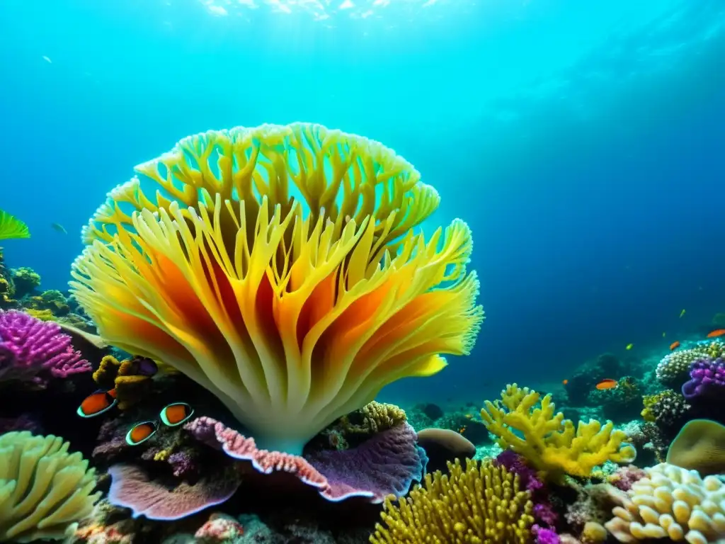 Un vibrante arrecife de coral muestra la simbiosis entre moluscos y algas, creando un mundo marino fascinante