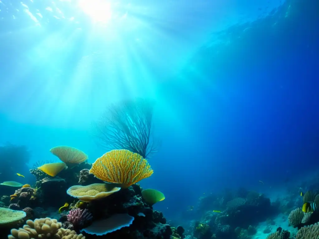 Un vibrante arrecife de coral submarino, hogar de una diversa vida marina colorida