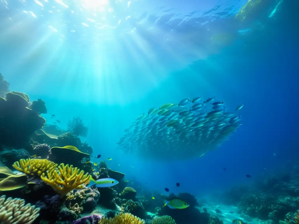 Un vibrante arrecife submarino con peces coloridos y corales, creando una escena de belleza submarina