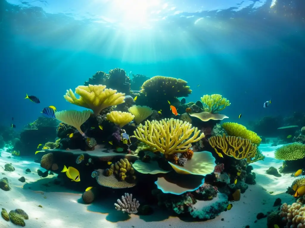 Un vibrante arrecife submarino rebosante de corales coloridos y plantas acuáticas