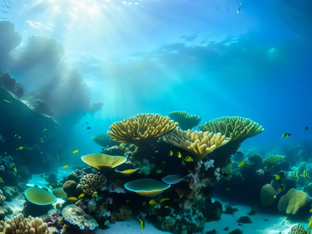 Un vibrante arrecife de coral teñido de colores bajo el agua cristalina