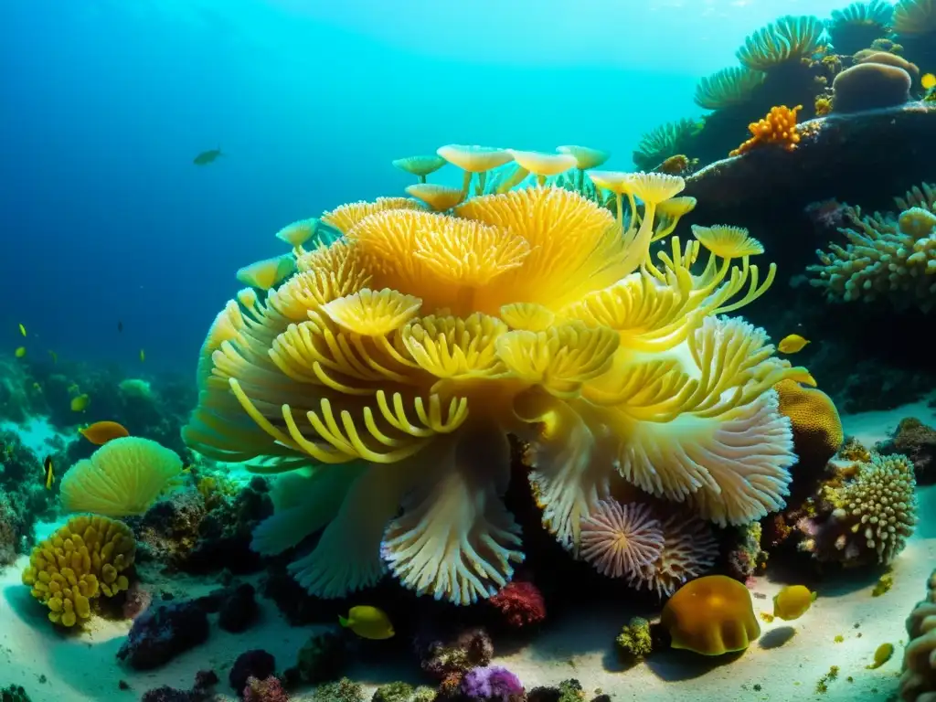 Un vibrante arrecife de coral teñido de colores, habitado por invertebrados marinos, bañado por la luz solar