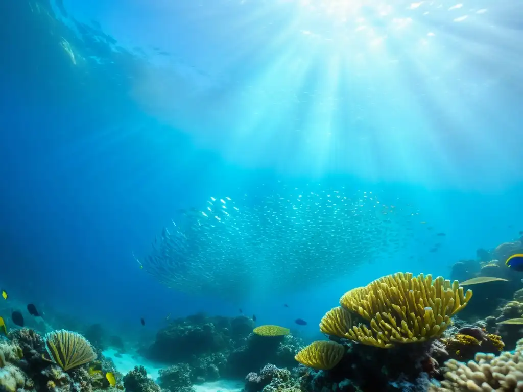 El vibrante arrecife de coral se llena de vida marina bajo el agua clara y azul, capturando la diversidad de la vida marina y la belleza natural