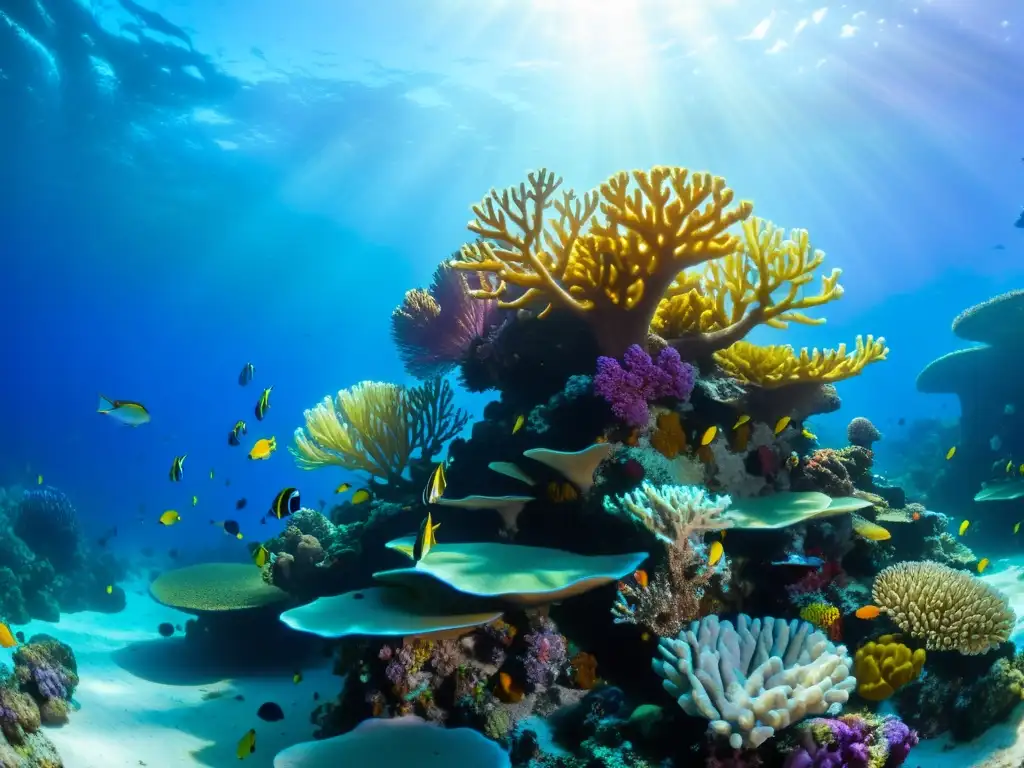 Vibrante formación arrecifes coralinos influenciada por corrientes marinas, repleta de vida marina y colores, bajo la luz del sol